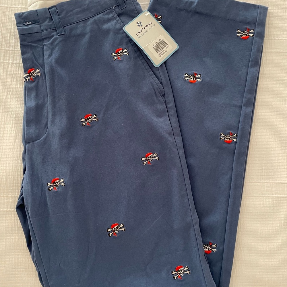 Brand New NWT Castaway Harbor Pants: Embroidered Jolly Roger motif